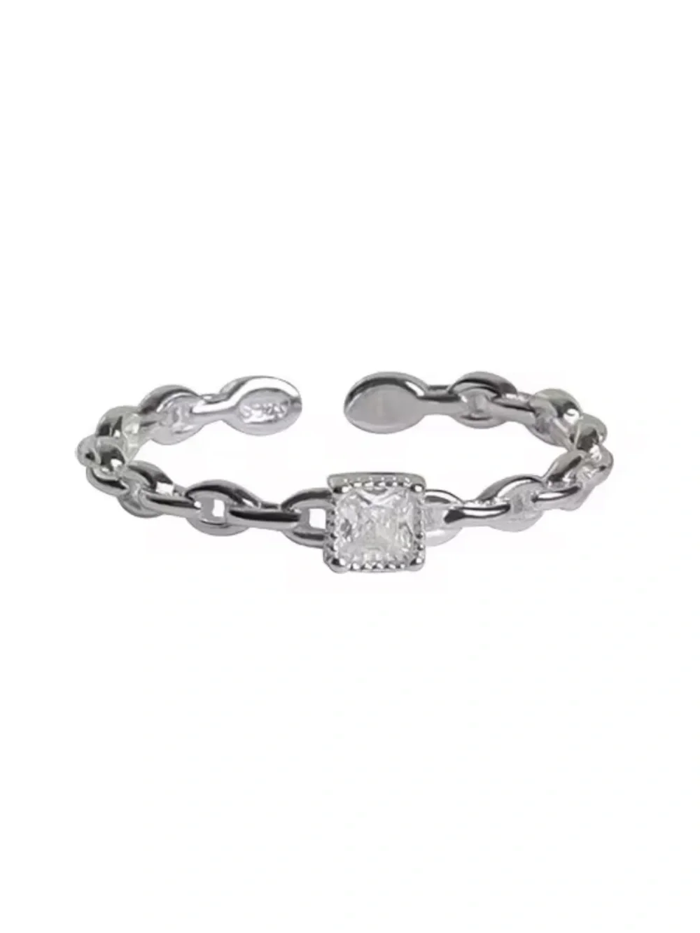 Sterling Silver Chain Ring with Square CZ Accent Minimalist